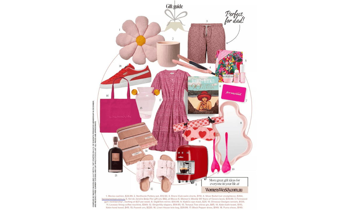 Gift guide collage featuring Gingerlilly Sleepwear pink dress, slippers, homewares, and accessories