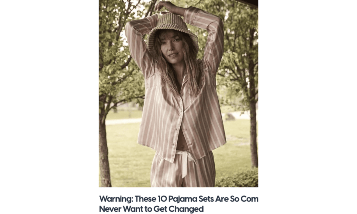 Woman outdoors wearing Gingerlilly Sleepwear pink striped pajama set and bucket hat