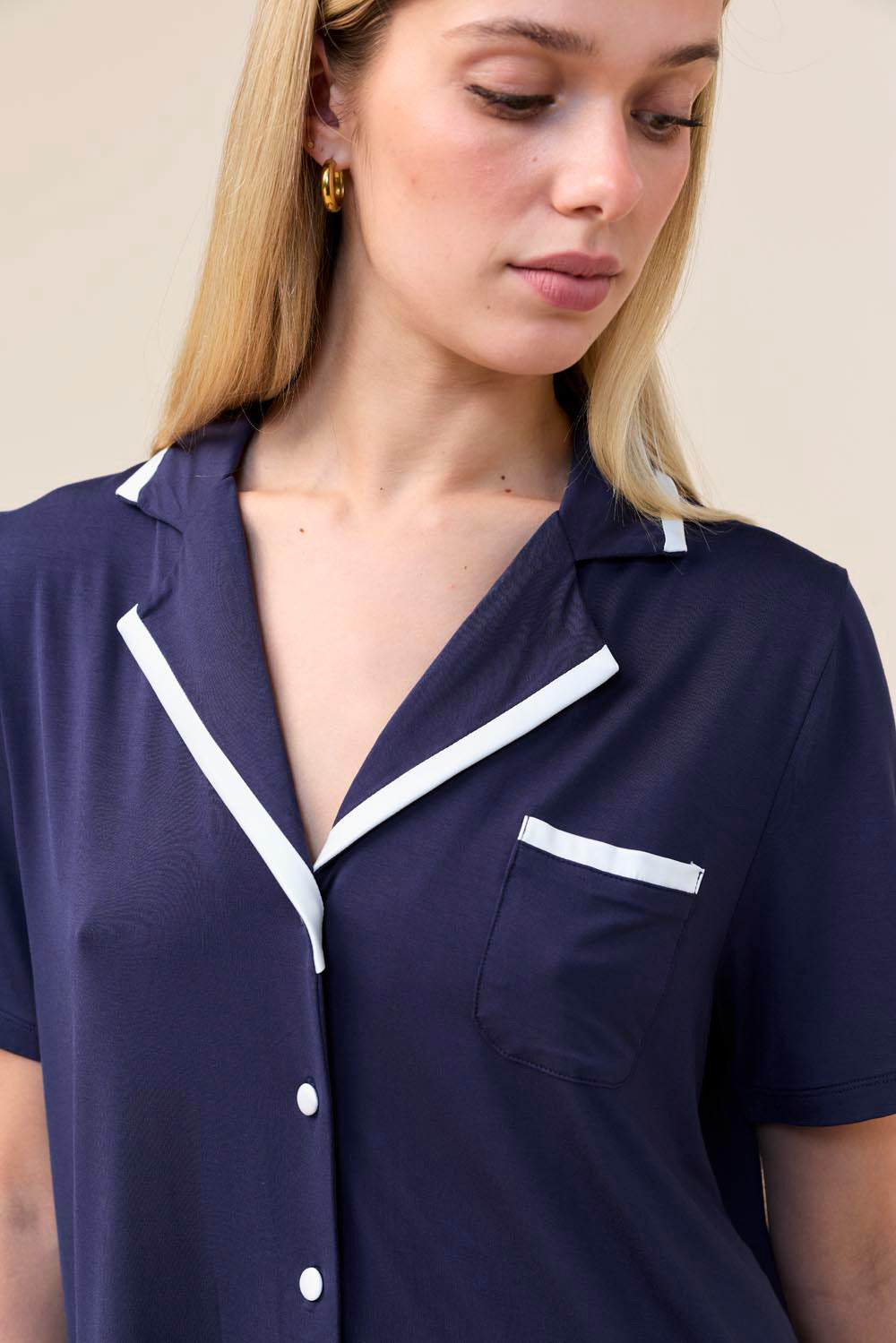 Vanessa Bamboo Long Pant PJ Set - Navy - Detail