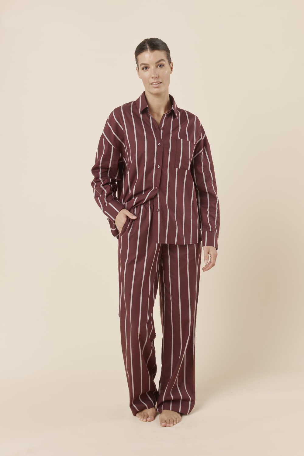 Gingerlilly Chloe Cotton Striped PJ Set - Burgundy - Front
