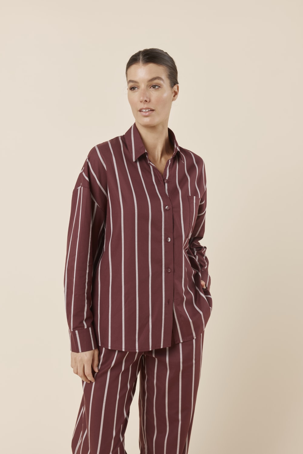 Gingerlilly Chloe Cotton Striped PJ Set - Burgundy - Front alt