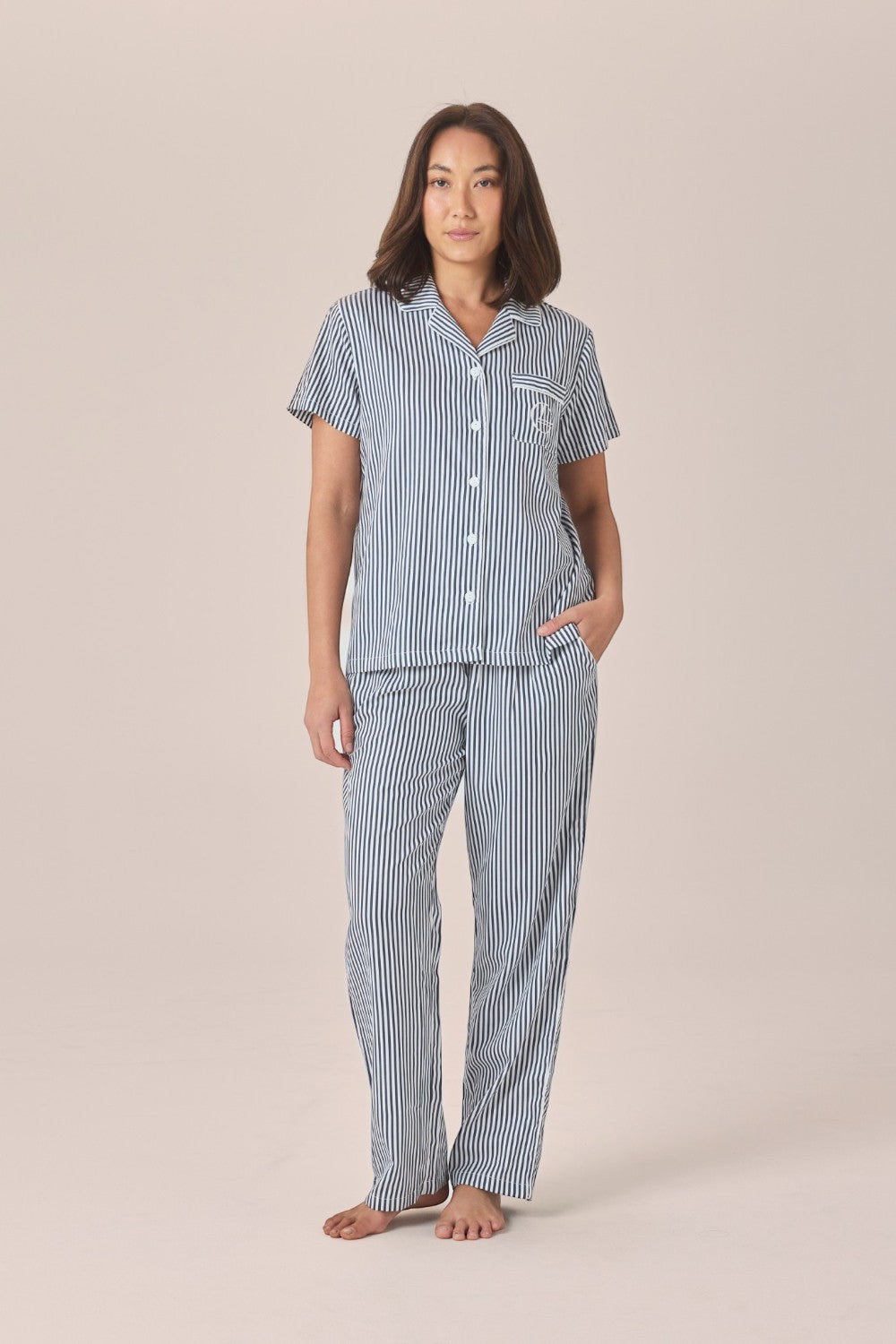 Gingerlilly Camilla Cotton Short Sleeve Long Pant PJ Set - Navy Stripe - Front alt