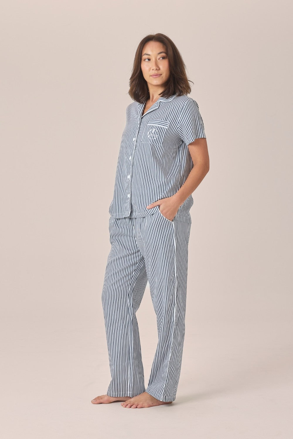 Gingerlilly Camilla Cotton Short Sleeve Long Pant PJ Set - Navy Stripe - Side