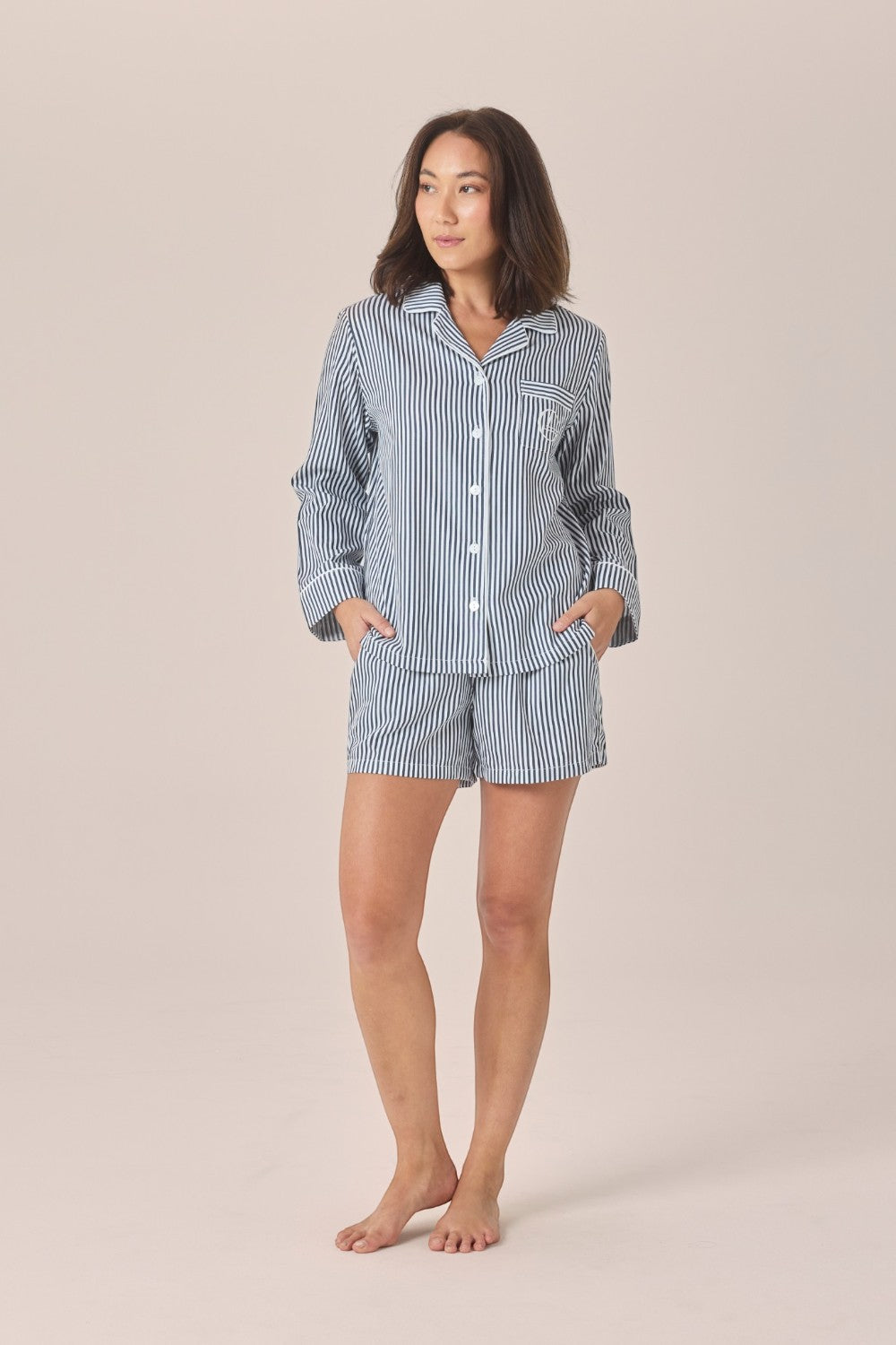 Gingerlilly Susanna Cotton Long Sleeve Shortie PJ Set - Navy Stripe - Front alt