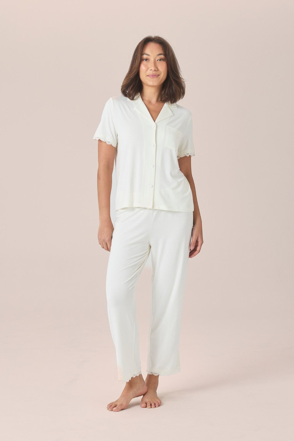 Gingerlilly Dianne Bamboo Long PJ Set with Lace - Ecru - Front