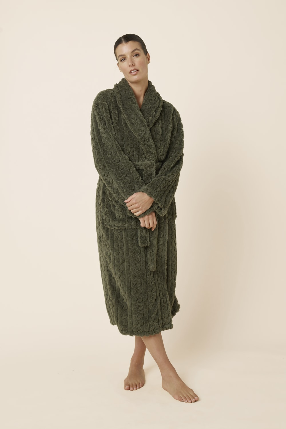 Woman wearing a green olive Gabriella Plush Long Robe olive from from on view with hands crossed