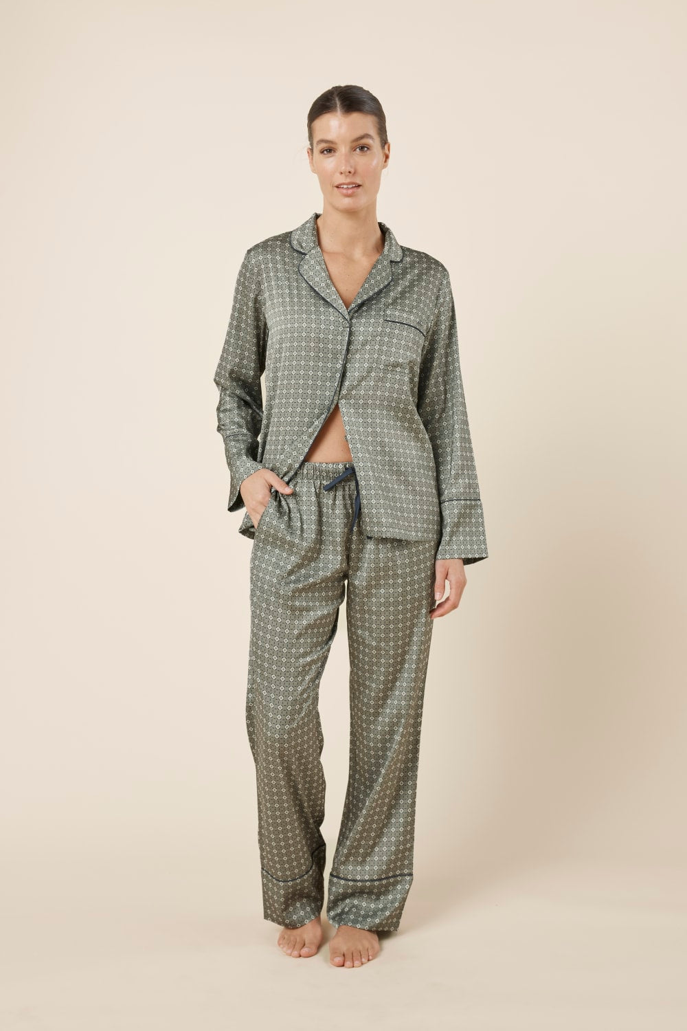 Gingerlilly Kienna Geo Printed Silky Satin PJ Set - Olive - Front