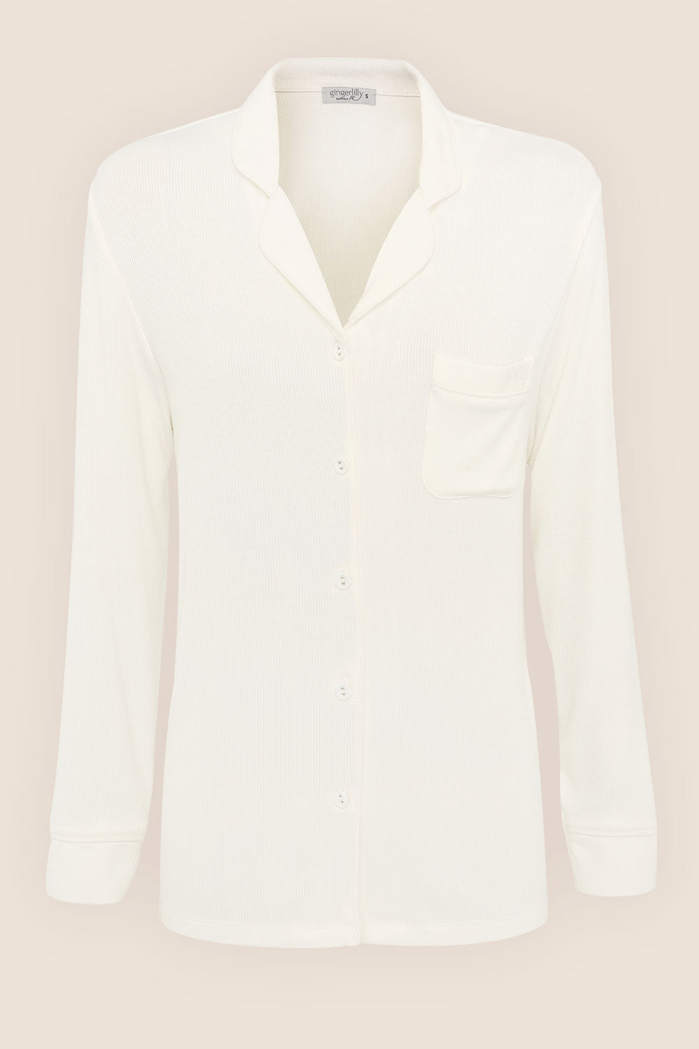 Gingerlilly London Ribbed Long Sleeve Button Up PJ Top - Ecru - Flat lay