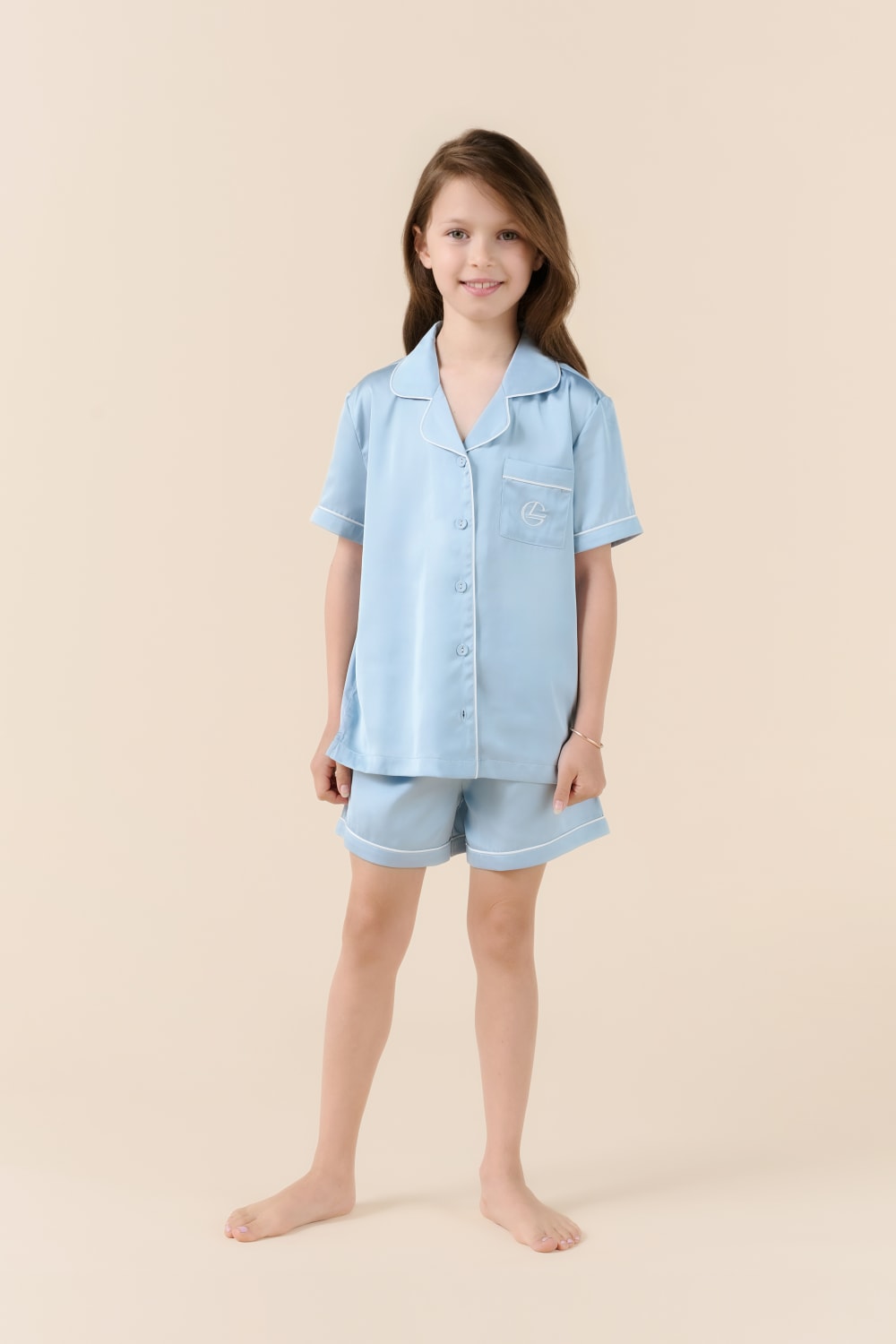 Gingerlilly Mini Sonia Silky Satin Short PJ Set - Blue - Front