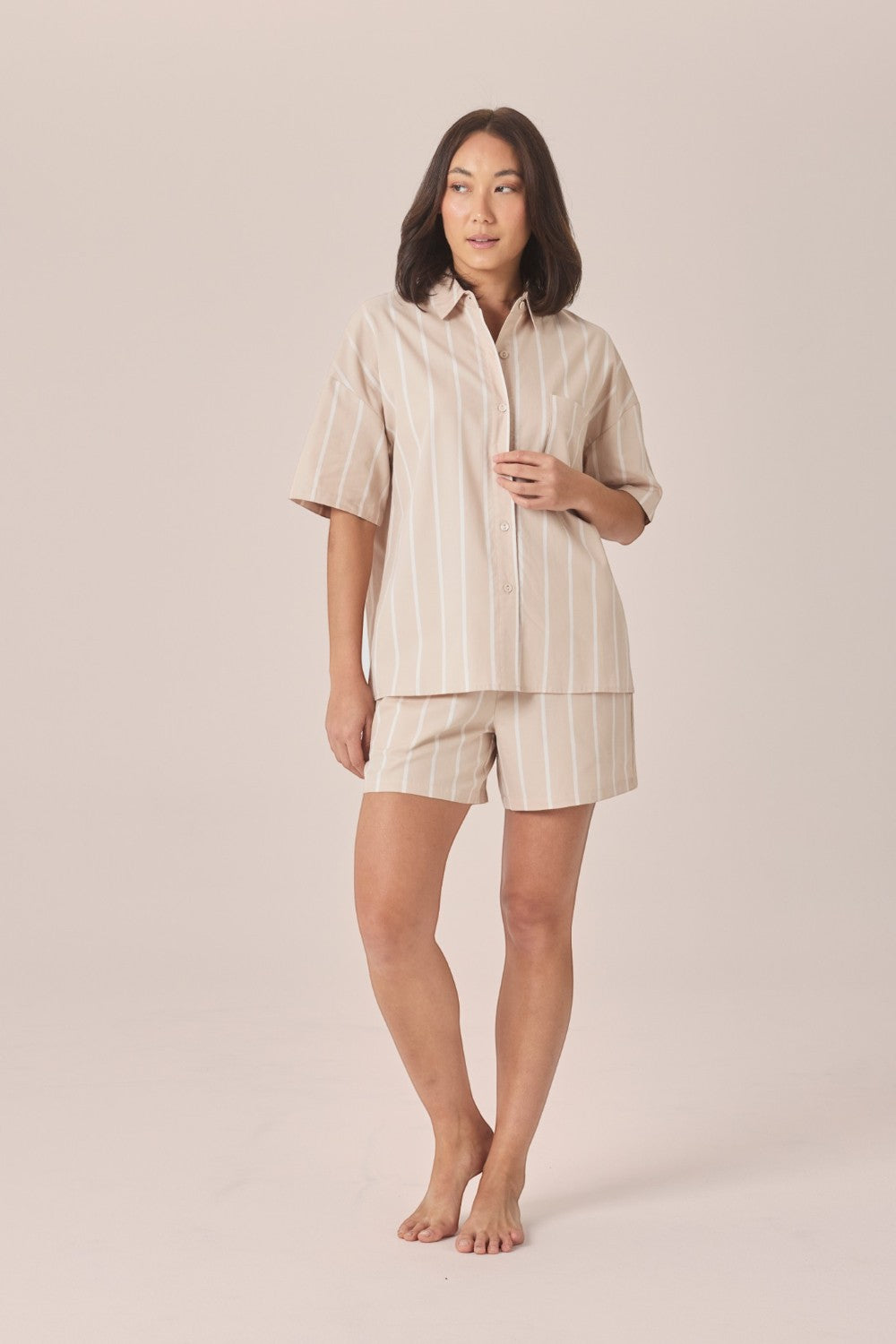 Gingerlilly Sasha Striped Boyfriend Short PJ Set - Beige - Front