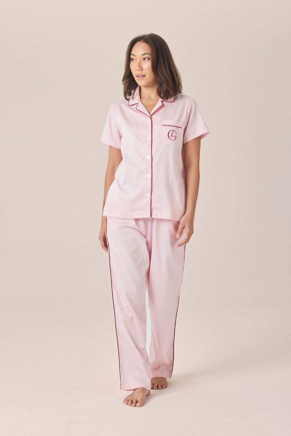 Gingerlilly Camilla Cotton Short Sleeve Long Pant PJ Set - Pink - Front