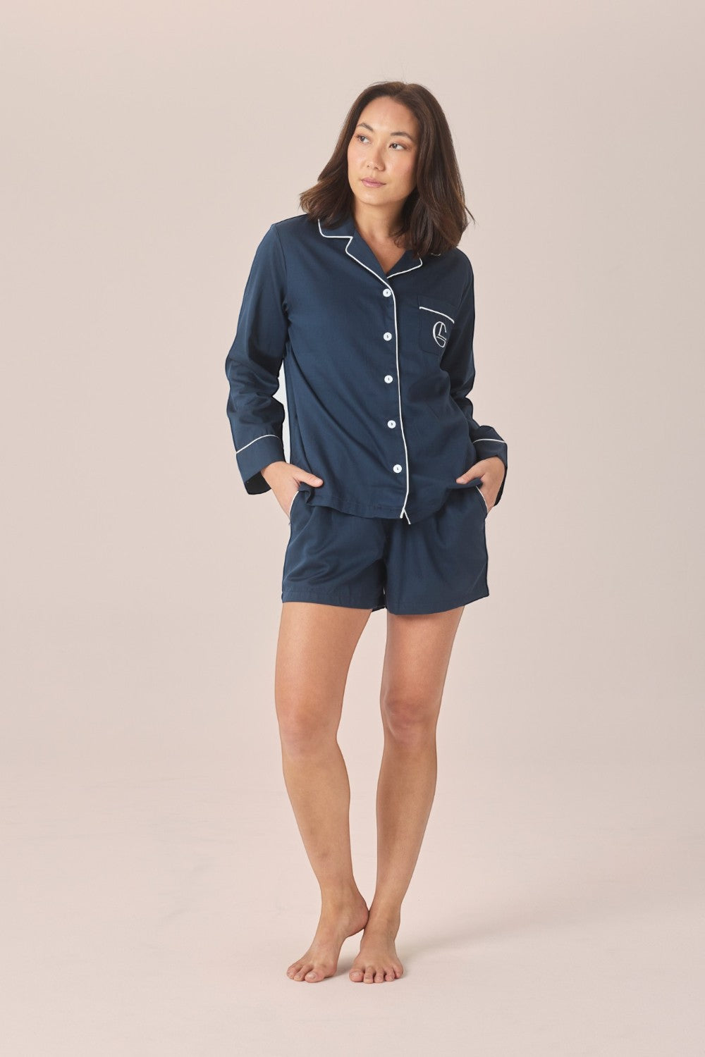 Gingerlilly Susanna Cotton Long Sleeve Shortie PJ Set - Navy - Front alt 2