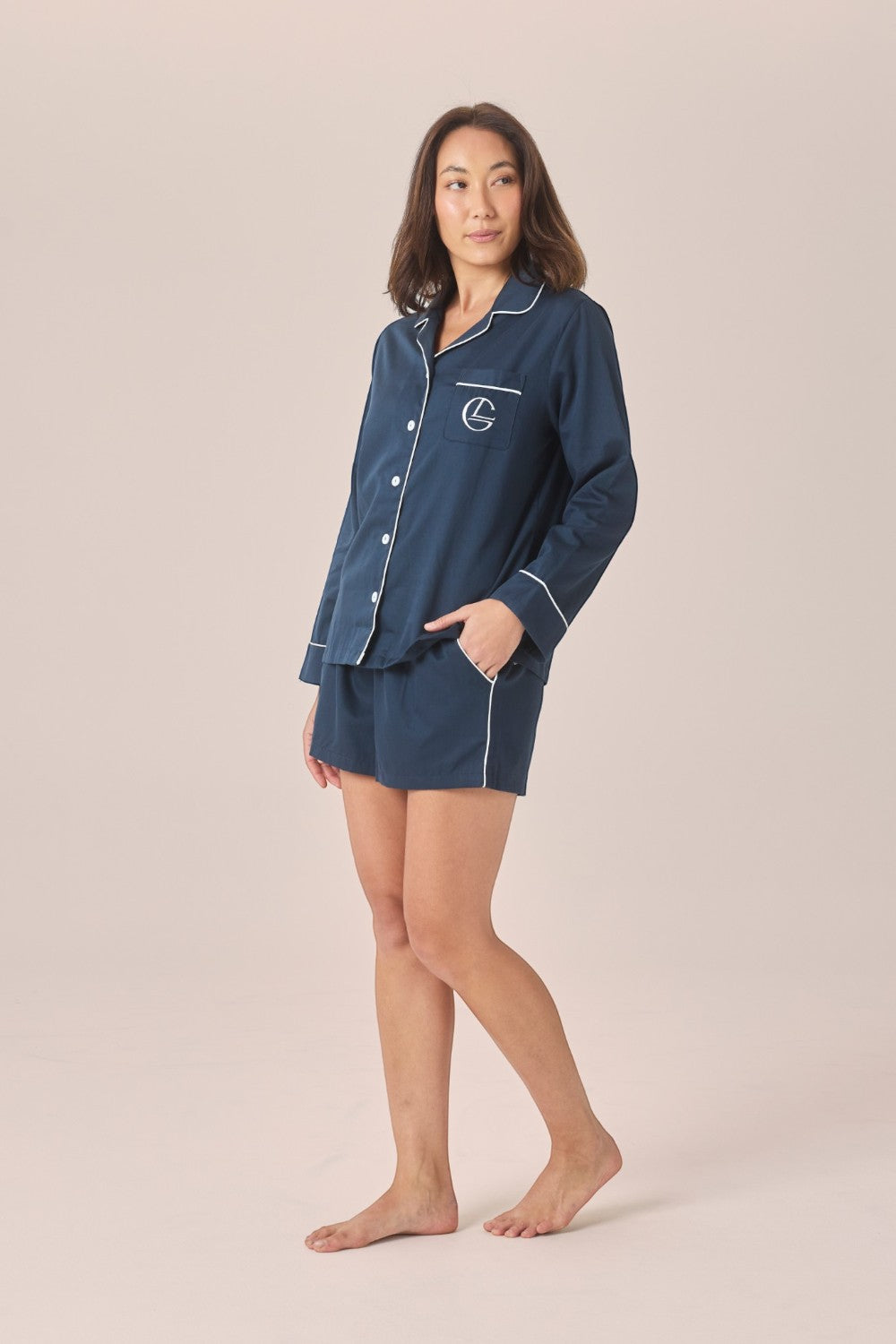 Gingerlilly Susanna Cotton Long Sleeve Shortie PJ Set - Navy - Front alt