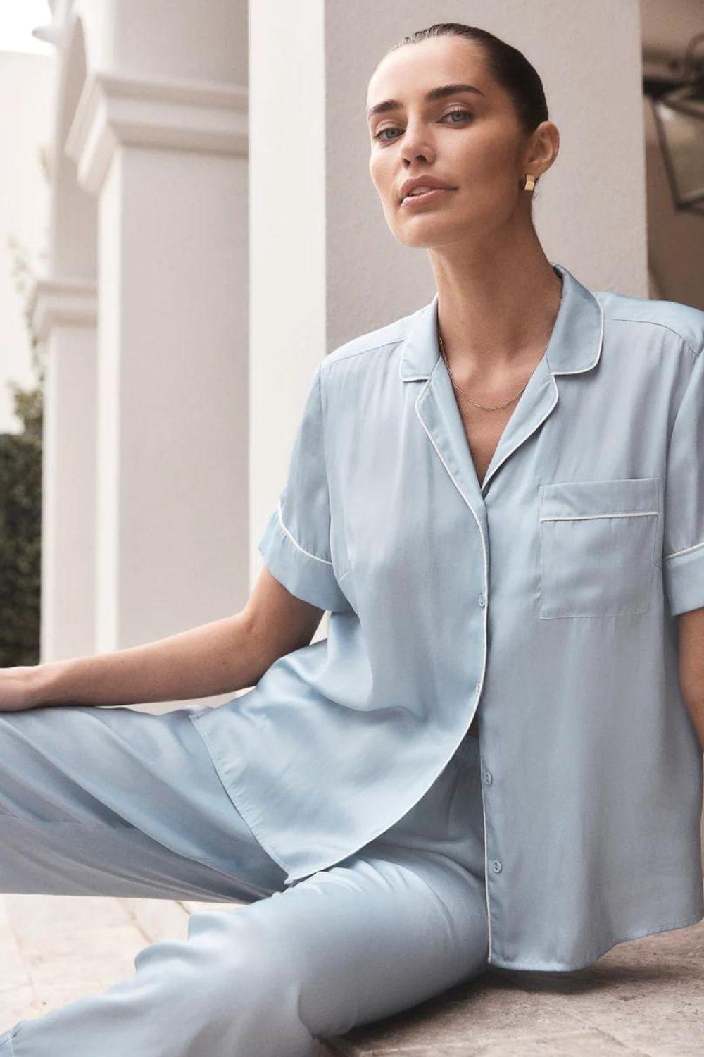 Gingerlilly Aileen Blue Satin Crop Pant PJ Set - Lifestyle