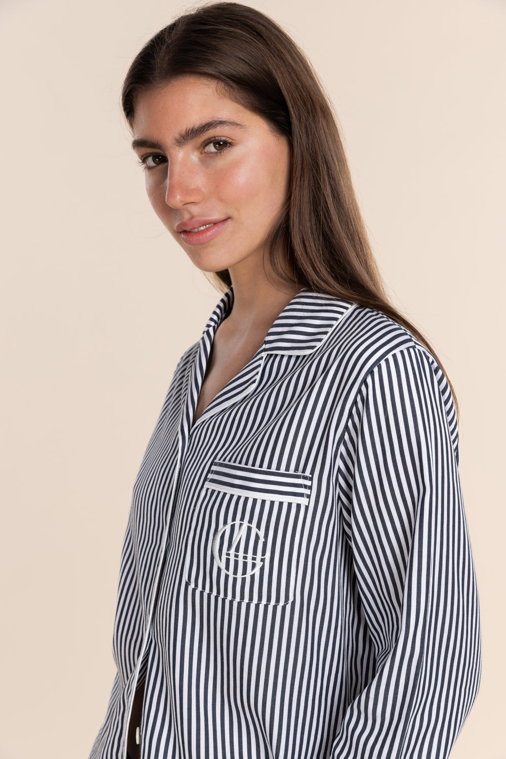 Gingerlilly Susanna Cotton Long PJ Set - Navy Stripe - Front alt