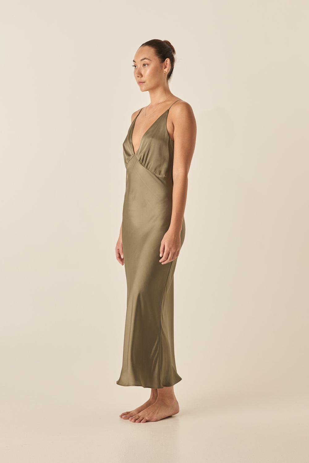Fern Olive Silky Satin Long Chemise - Gingerlilly Sleepwear
