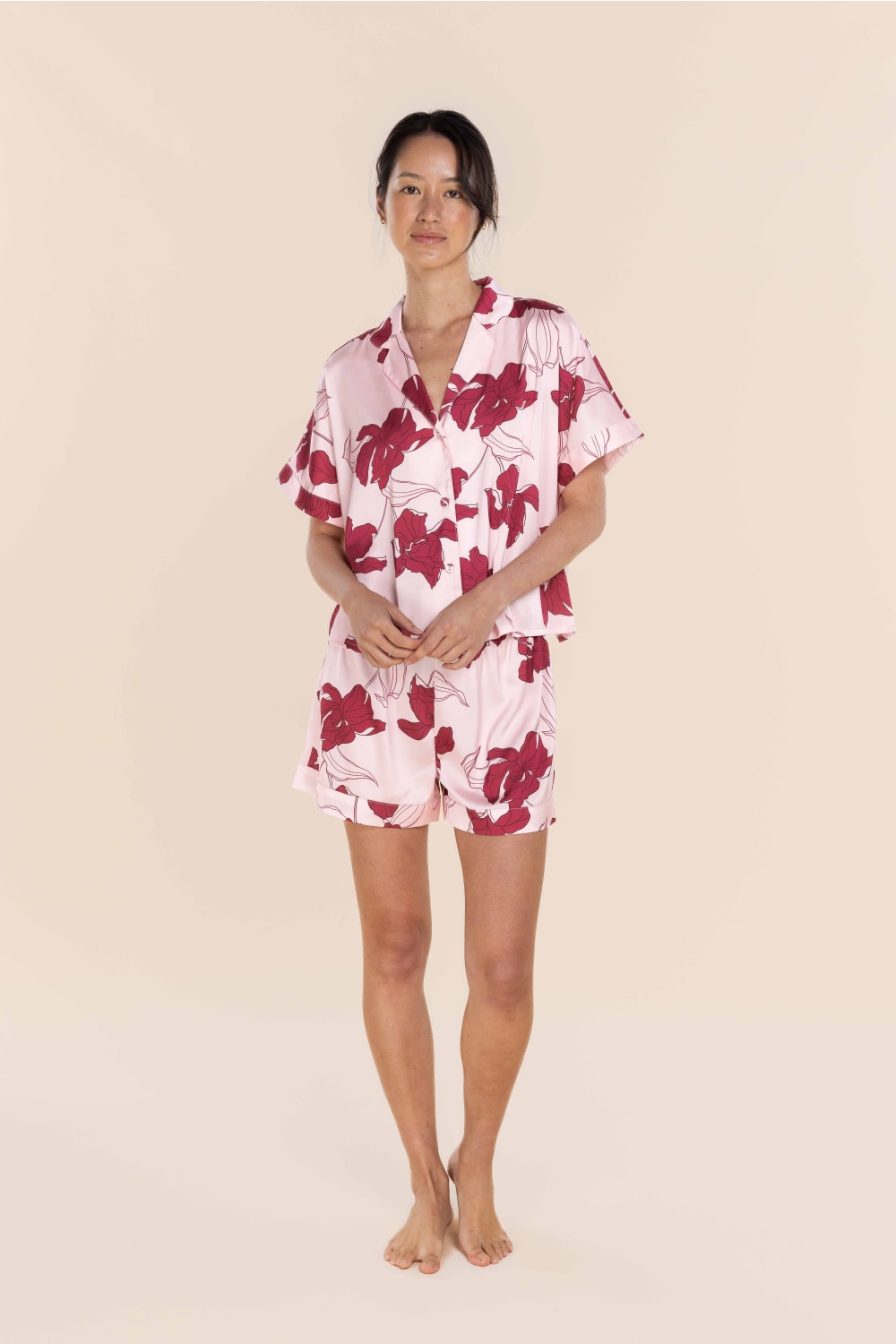 Gingerlilly Freya Recycled Silky Satin Short Set - Pink - Front