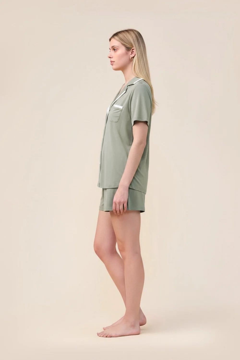 Woman wearing the Allegra Short Bamboo PJ Set in Olive, side view