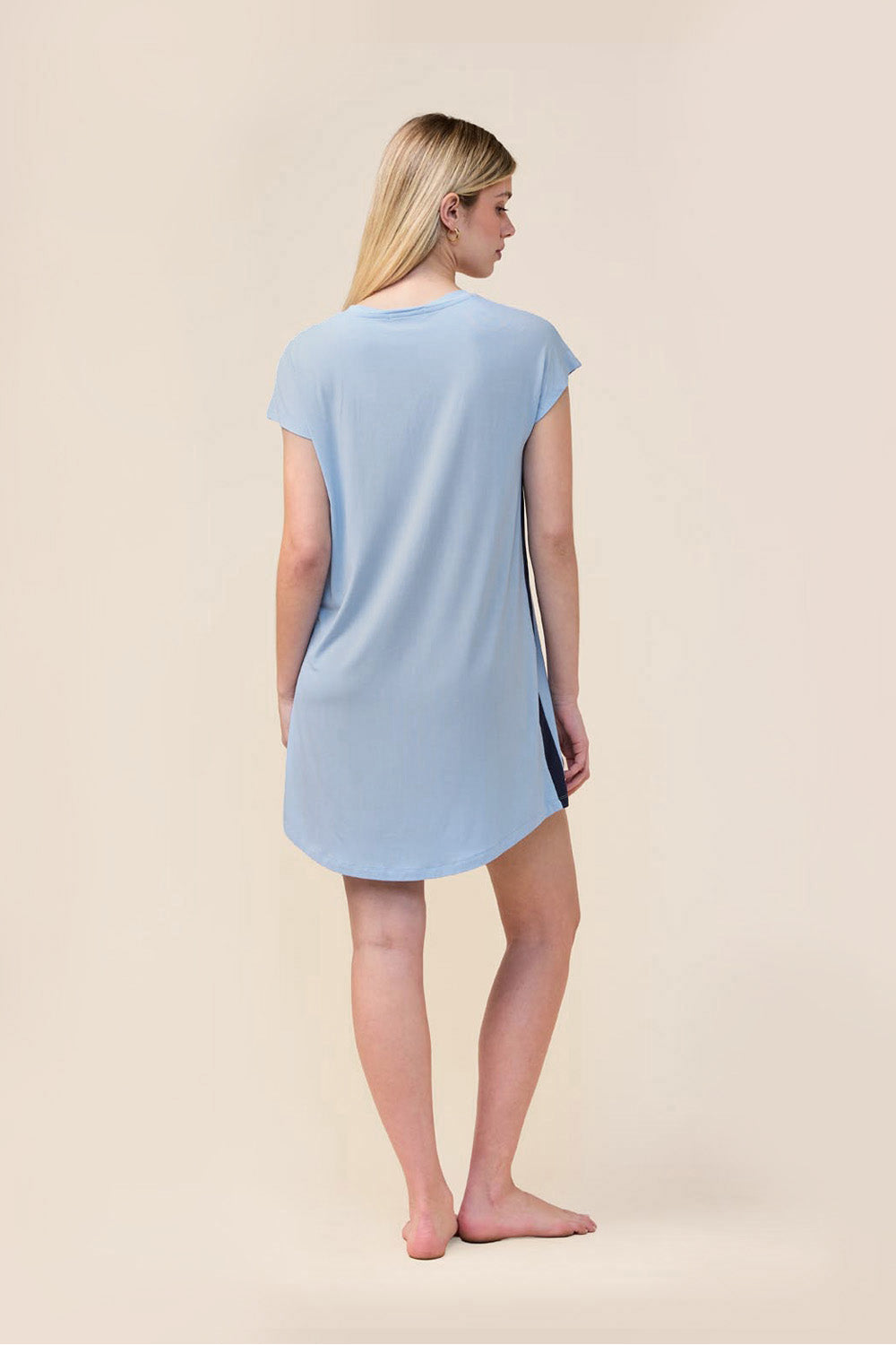 Woman wearing the Ashley Bamboo Sleep Tee in Blue, back view