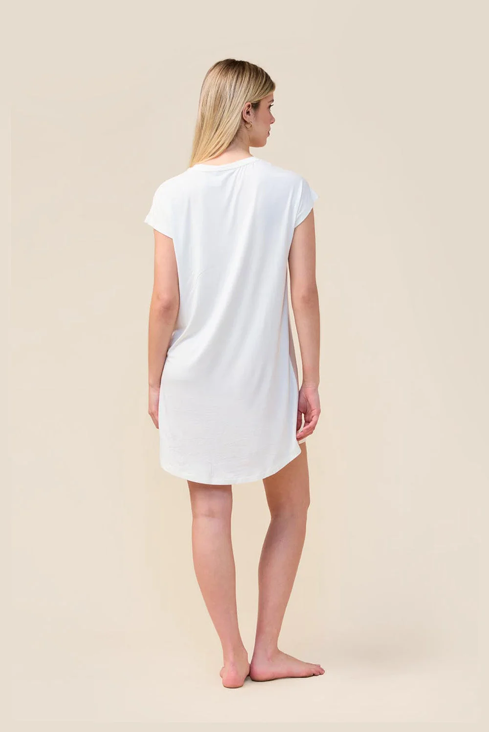 Woman wearing the Ashley Bamboo Sleep Tee in Ecru, back view