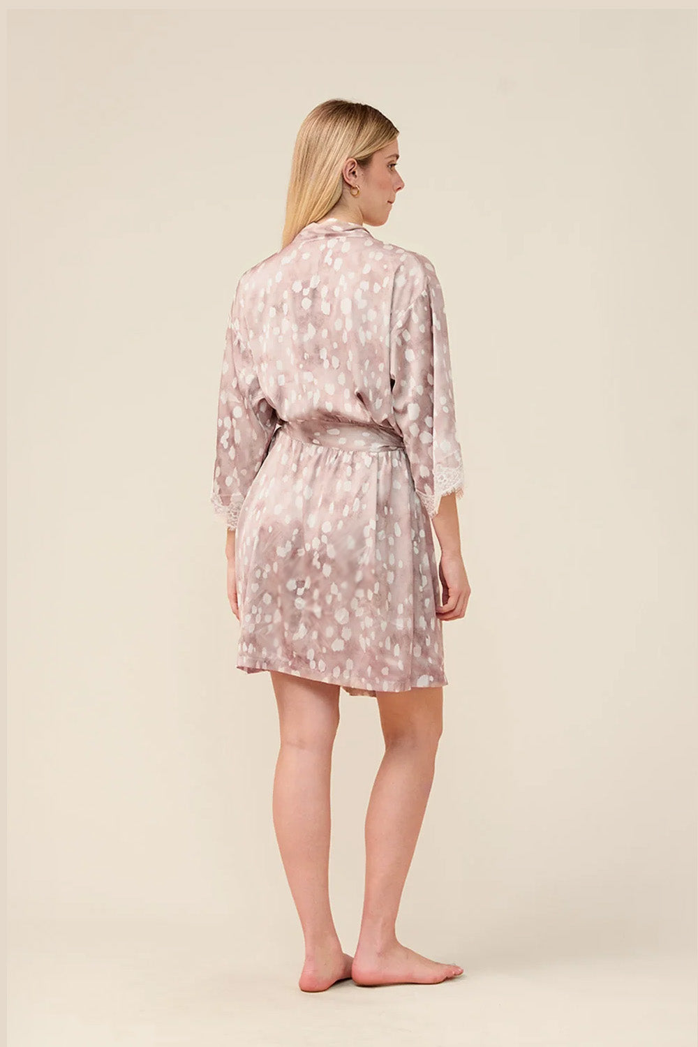 Woman wearing the Hadley Bambi Print Robe in Brown, back view