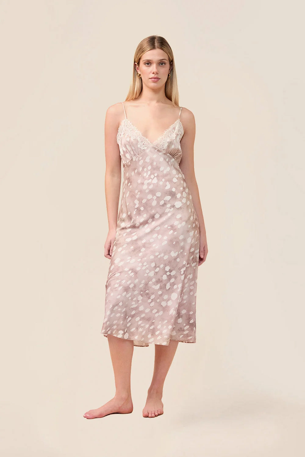 Woman wearing the Melody Bambi Print Spot Nightie in Brown, front view