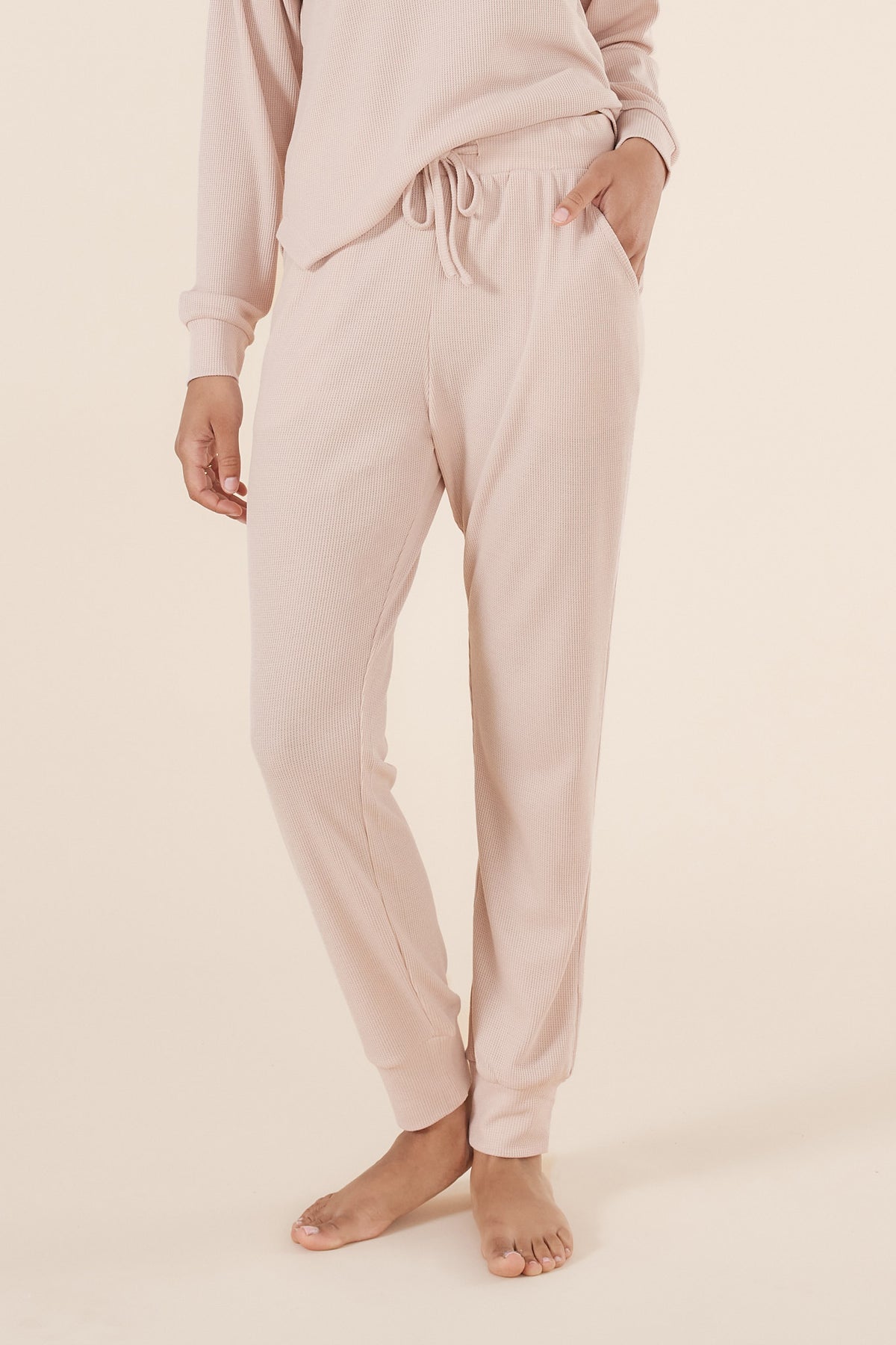 Lainey Beige Waffle Pyjama Set - Gingerlilly Sleepwear