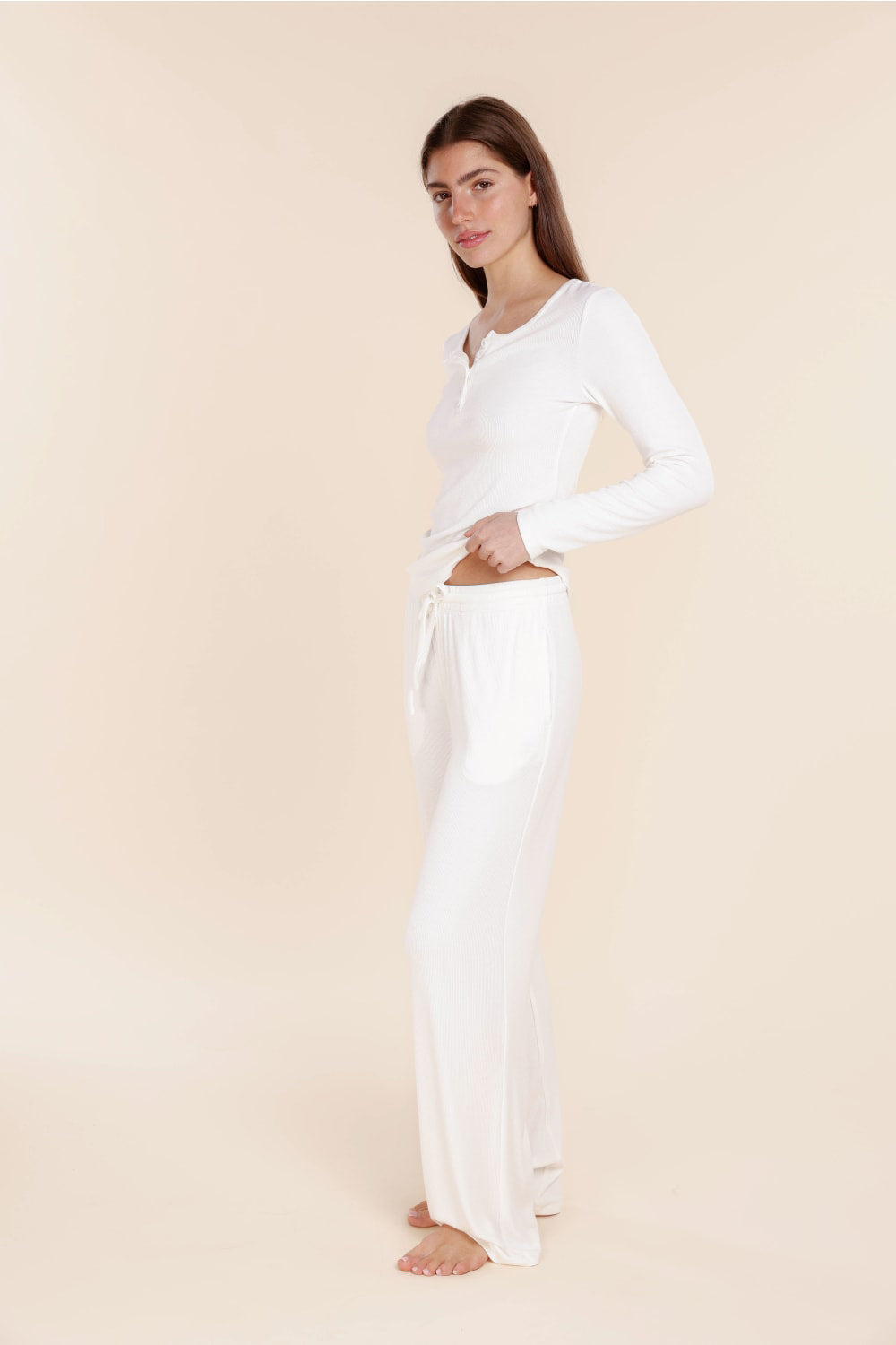 Gingerlilly Lille Ribbed Long Sleeve Henley Top - White - Side alt