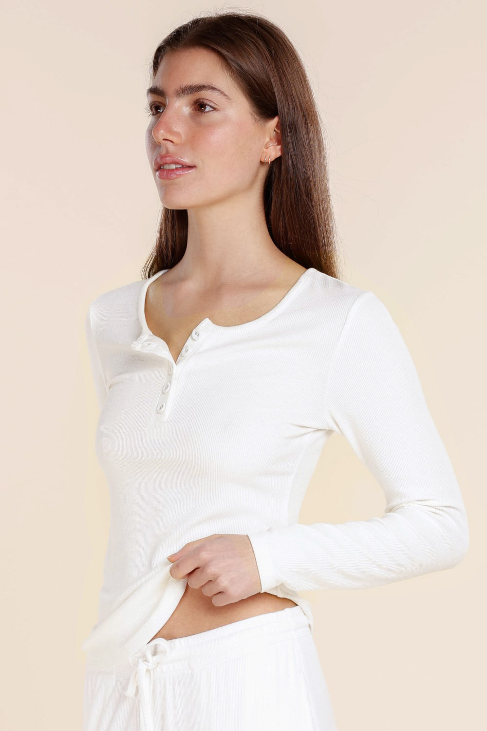 Gingerlilly Lille Ribbed Long Sleeve Henley Top - White - Detail