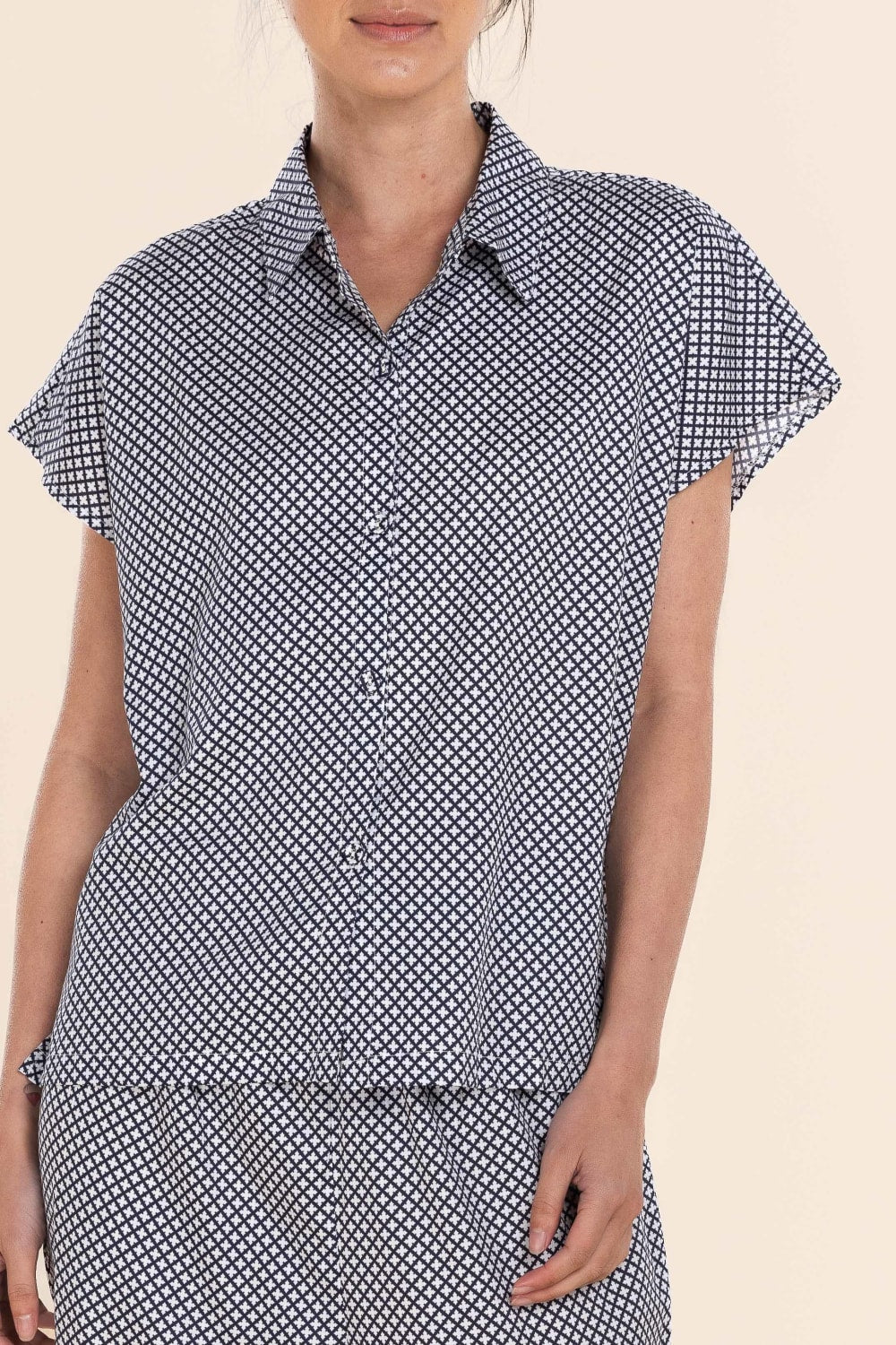 Gingerlilly Marlie Diamond Print Cotton Long PJ Set - Navy - Detail alt