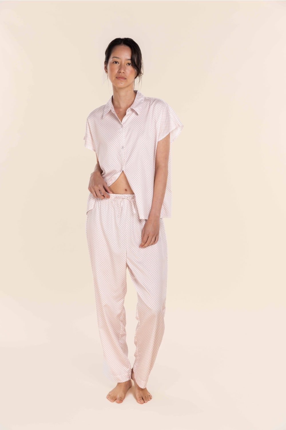 Gingerlilly Marlie Diamond Print Cotton Long PJ Set - Pink - Front