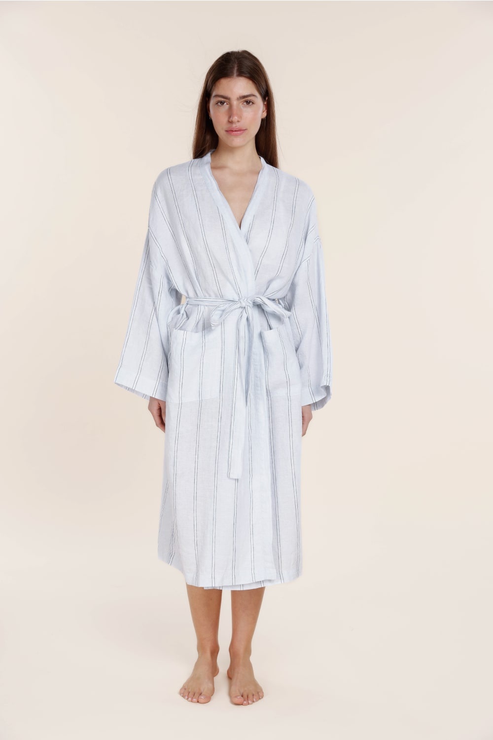 Gingerlilly Rosalind Linen Robe - Blue Stripe - Front