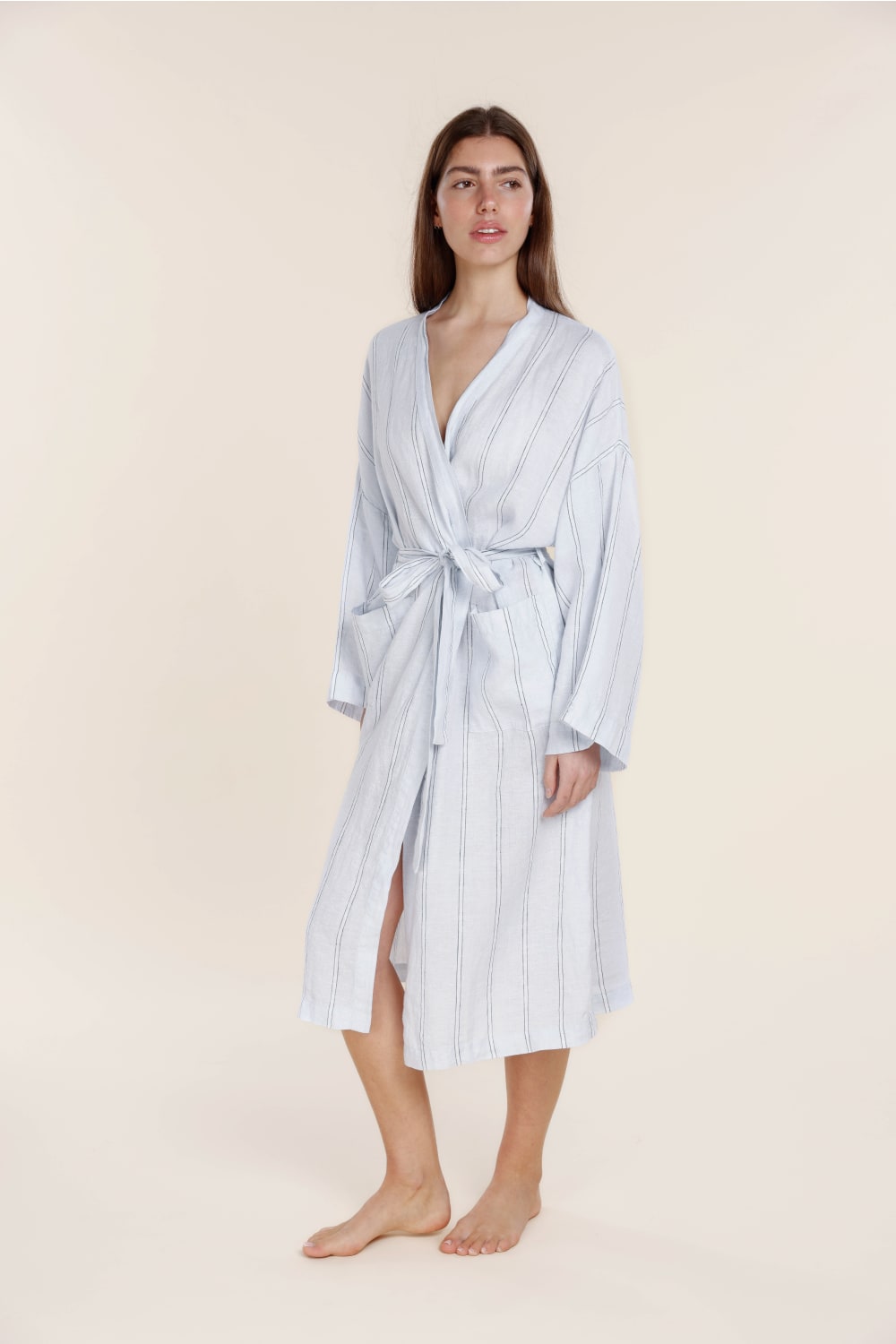 Gingerlilly Rosalind Linen Robe - Blue Stripe - Front alt