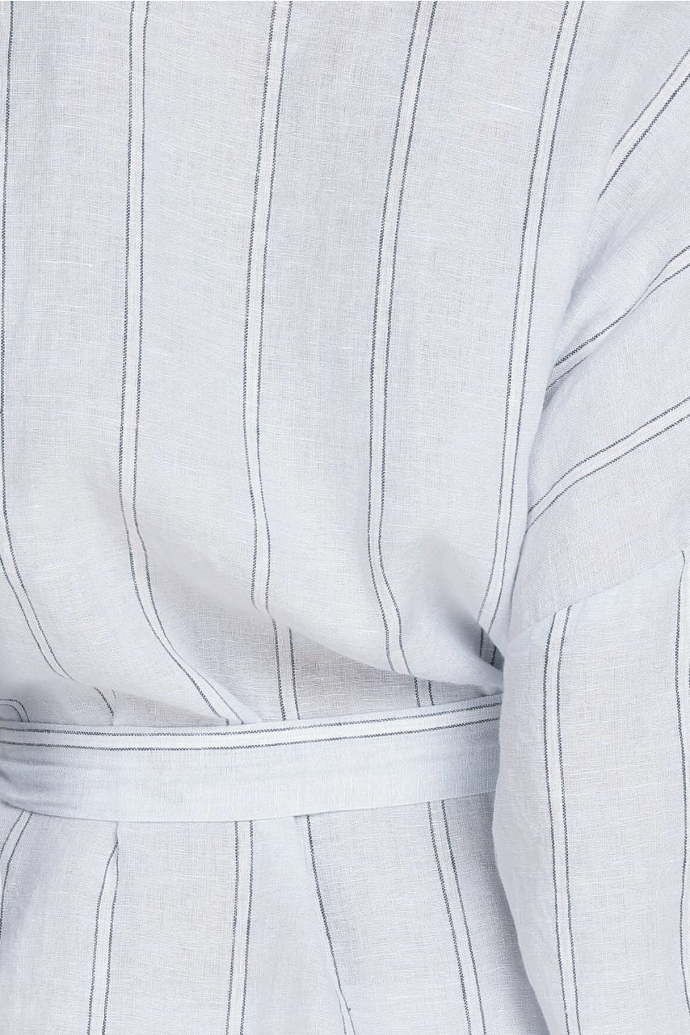 Close-up of Gingerlilly Sleepwear blue striped cotton robe fabric with belt detail