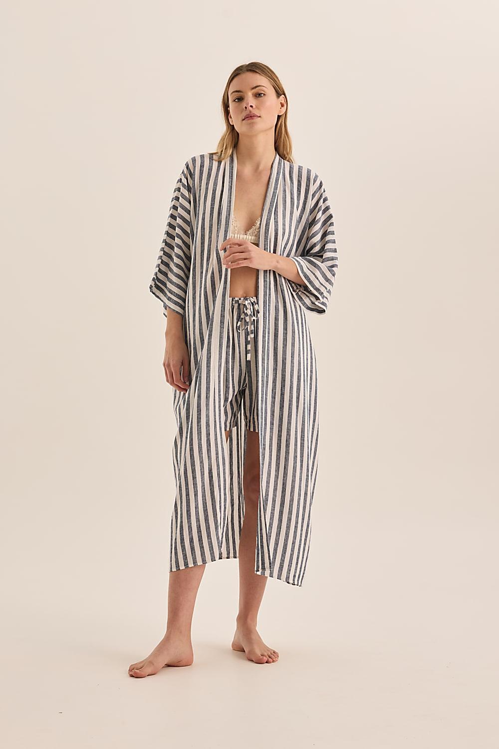 Gingerlilly Sunny Navy Stripe Linen Robe - Front