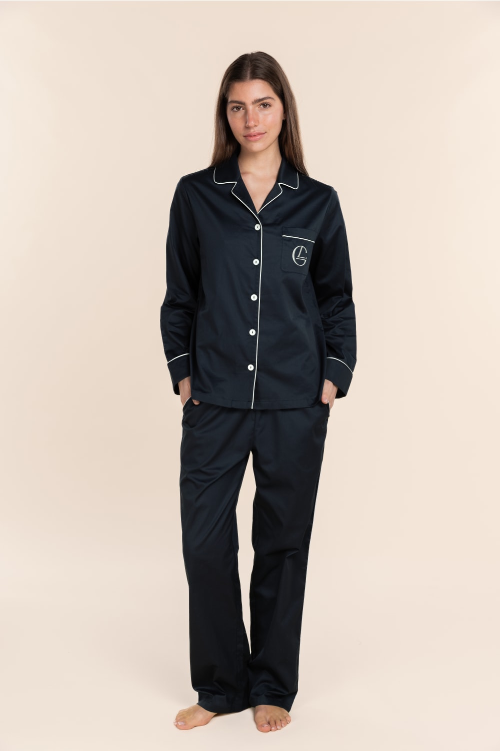 Gingerlilly Susanna Cotton Long PJ Set - Navy - Front