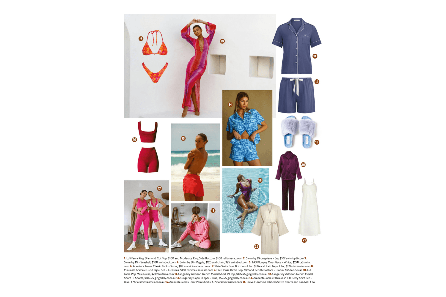 Collage of Gingerlilly Sleepwear including pajamas, robes, activewear, swimwear, and slippers in cotton, bamboo, and modal.