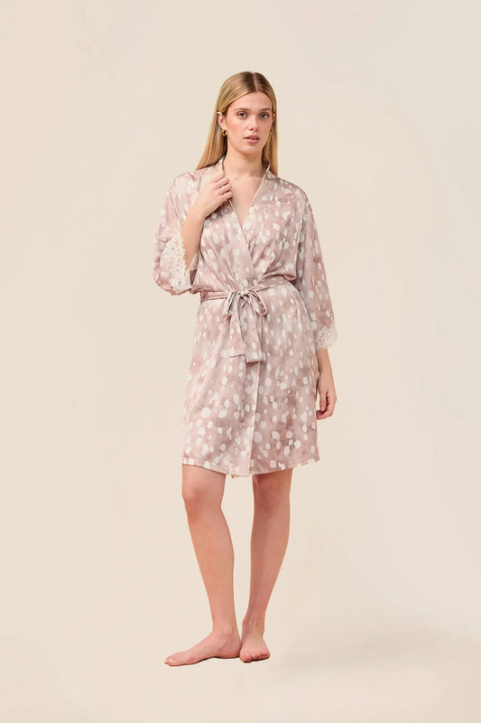 Woman wearing the Hadley Bambi Print Robe in Brown, front view with tie waist