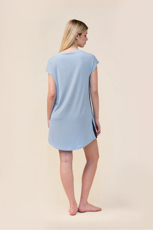 Woman wearing the Ashley Bamboo Sleep Tee in Blue, back view