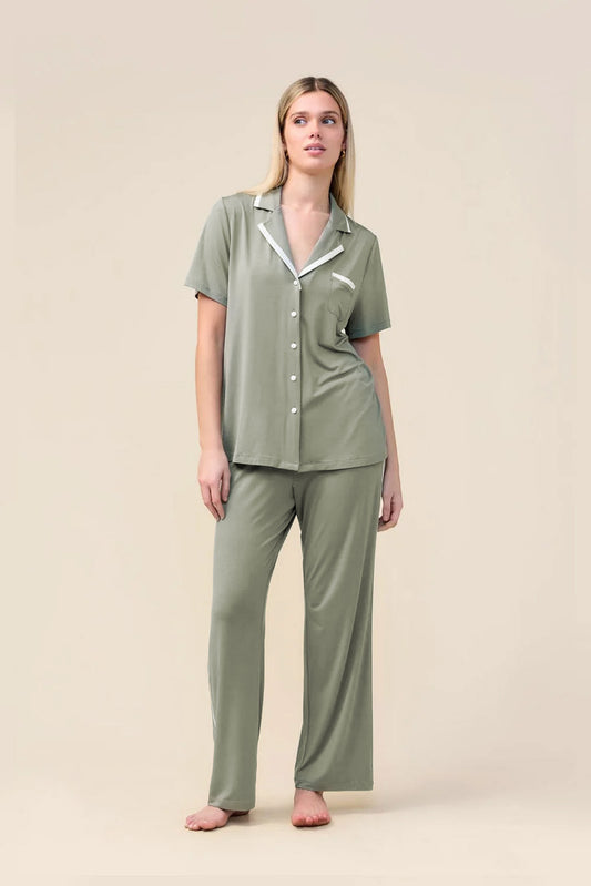 Woman wearing the Vanessa Bamboo Long Pant PJ Set in Olive, front view with white contrast trim