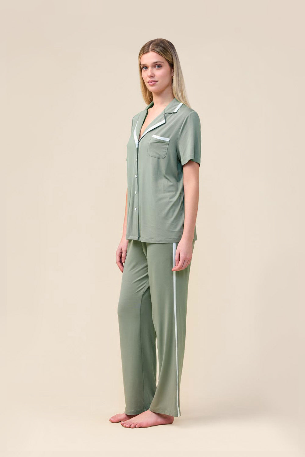 Vanessa Bamboo Long Pant PJ Set - Olive - Side