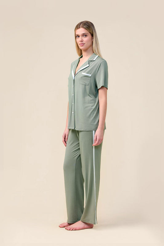 Vanessa Bamboo Long Pant PJ Set - Olive - Side