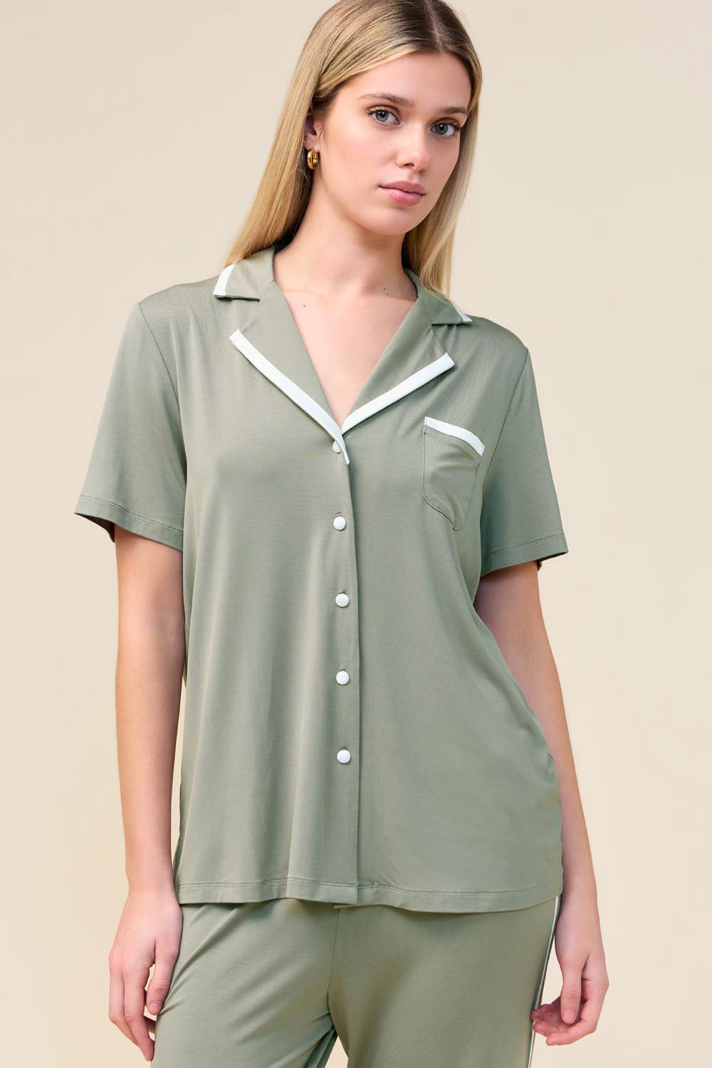 Vanessa Bamboo Long Pant PJ Set - Olive - Front alt