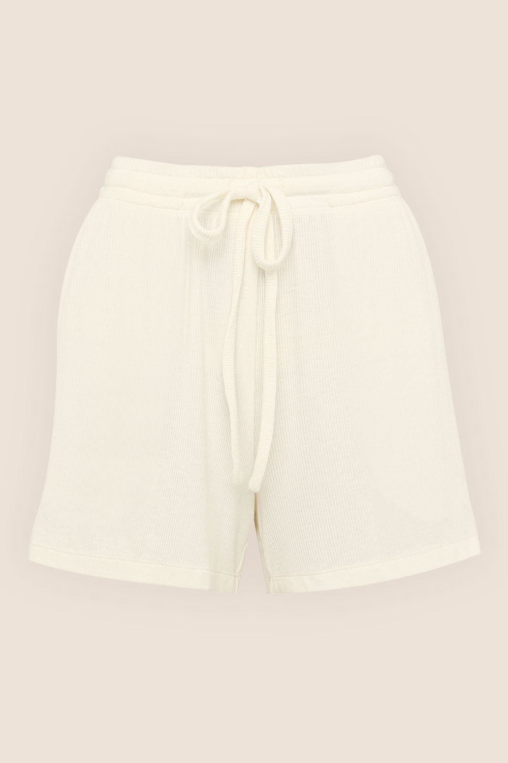 Ivory ribbed sleepwear shorts with drawstring waist by Gingerlilly Sleepwear, natural fabric.