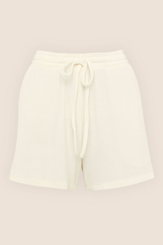 Ivory ribbed sleepwear shorts with drawstring waist by Gingerlilly Sleepwear, natural fabric.