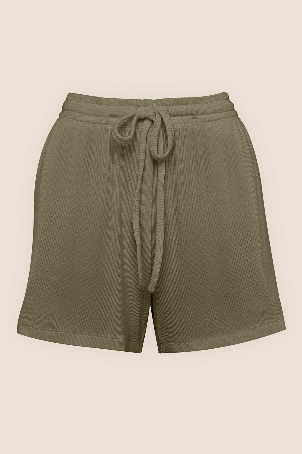 Olive green ribbed sleep shorts with drawstring waistband, Gingerlilly Sleepwear product
