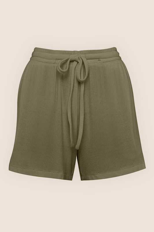 Olive green ribbed sleep shorts with drawstring waistband, Gingerlilly Sleepwear product