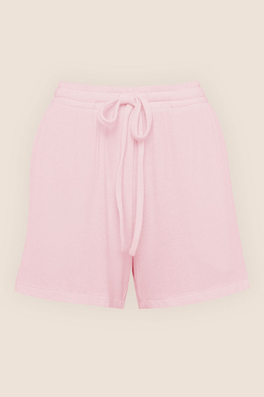 Ghost pink ribbed Adelaide sleep shorts with drawstring, Gingerlilly Sleepwear