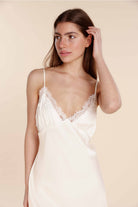 Woman wearing a white lace Azalia Silky Satin Short Chemise cropped front  view
