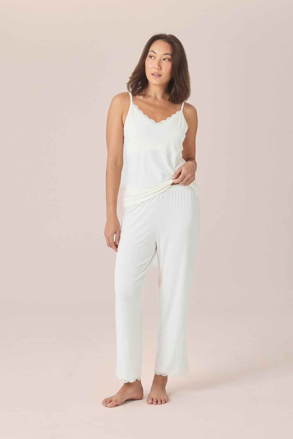 Gingerlilly Britt Bamboo Lace Cami Long PJ Set in Ecru